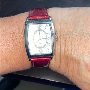 Women’s Quartz dress watch, red croc style leather band